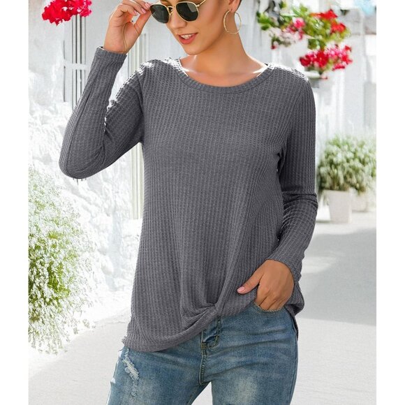 Womens Long Sleeve Knit Top Rayon Spandex Casual Twist Knot Loose Blouse - Picture 2 of 4